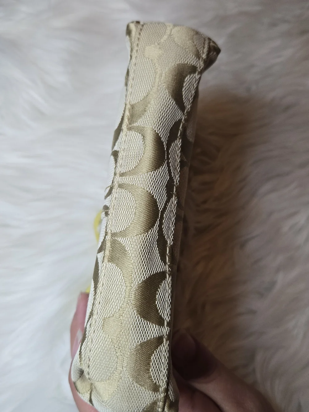 Coach Beige Signature Canvas Wristlet with Lime Trim